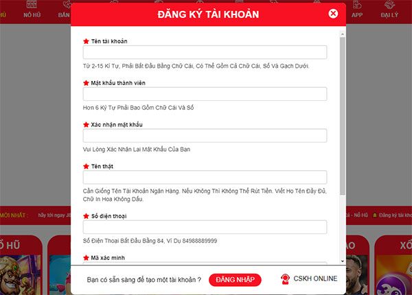 Biểu mẫu đăng ký J88 trên PC