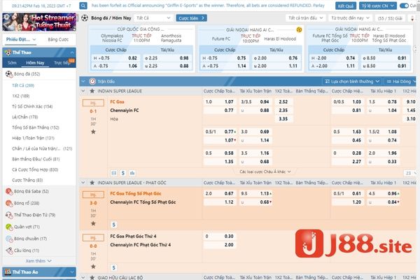 Các sảnh cược thể thao của J88 nổi tiếng